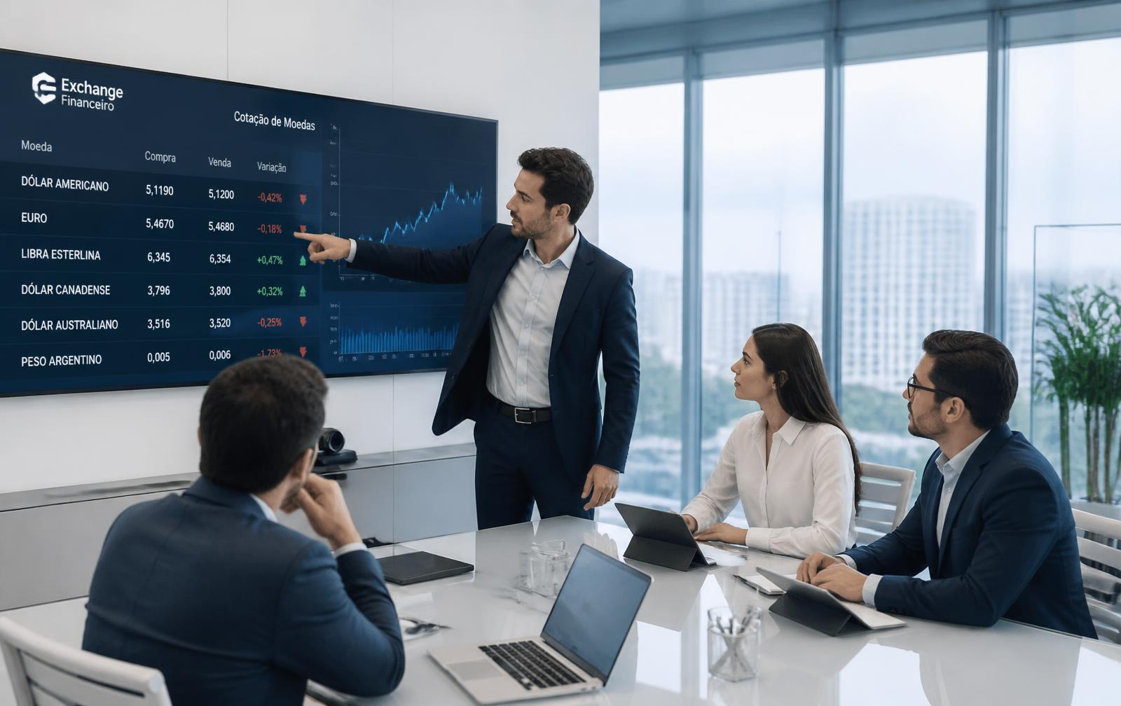 Equipe da AWT Group analisando cotações de moedas em reunião de negócios